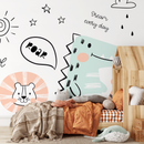 Animal Wallpaper with Doodle Style Dinosaur and Friends in Mint Green, Peach, and Black - B723