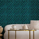 Art Deco Geometric Wallpaper with a Moroccan Trellis Motif in Teal and Gold - B729
