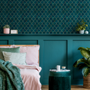 Art Deco Geometric Wallpaper with a Moroccan Trellis Motif in Teal and Gold - B729