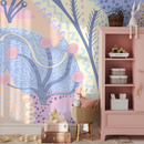 Abstract Wallpaper with Whimsical Shapes in Lavender, Pink, and Yellow - B743