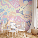 Abstract Wallpaper with Whimsical Shapes in Lavender, Pink, and Yellow - B743