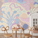 Abstract Wallpaper with Whimsical Shapes in Lavender, Pink, and Yellow - B743