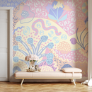 Abstract Wallpaper with Whimsical Shapes in Lavender, Pink, and Yellow - B743