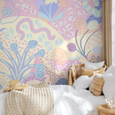 Abstract Wallpaper with Whimsical Shapes in Lavender, Pink, and Yellow - B743