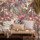 Jungle Wallpaper with a Painterly Leopard in Purple, Pink, and Green - B746