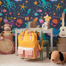 Sea Life Wallpaper featuring Folk Art Sea Creatures in Blue, Pink, and Yellow - B752