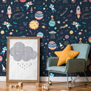 Space Wallpaper with Whimsical Astronauts and Planets in Navy Blue, Red, and Yellow - B769