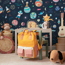 Space Wallpaper with Whimsical Astronauts and Planets in Navy Blue, Red, and Yellow - B769