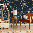 Space Wallpaper with Whimsical Astronauts and Planets in Navy Blue, Red, and Yellow - B769