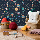 Space Wallpaper with Whimsical Astronauts and Planets in Navy Blue, Red, and Yellow - B769