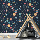 Space Wallpaper with Whimsical Astronauts and Planets in Navy Blue, Red, and Yellow - B769