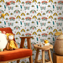 Insect Wallpaper with Hand-Drawn Moths in Teal, Yellow, and Coral - B777
