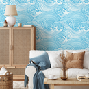Nautical Wallpaper with a Stylized Ocean Wave Motif in Blue - B782