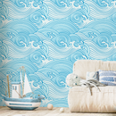 Nautical Wallpaper with a Stylized Ocean Wave Motif in Blue - B782