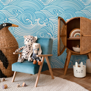 Nautical Wallpaper with a Stylized Ocean Wave Motif in Blue - B782