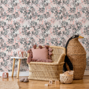 Floral Wallpaper with Sketchy Blossoming Branches in Pink and Gray - B825
