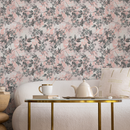 Floral Wallpaper with Sketchy Blossoming Branches in Pink and Gray - B825