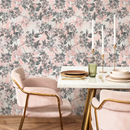 Floral Wallpaper with Sketchy Blossoming Branches in Pink and Gray - B825