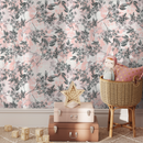 Floral Wallpaper with Sketchy Blossoming Branches in Pink and Gray - B825