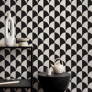 Geometric Wallpaper with a Repeating Half-Moon Motif in Black and Cream - B830
