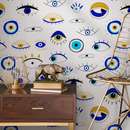 Eclectic Wallpaper with a Protective Evil Eye Motif in Blue, Gold, and Black - B845