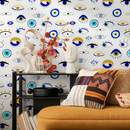 Eclectic Wallpaper with a Protective Evil Eye Motif in Blue, Gold, and Black - B845