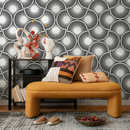 Art Deco Wallpaper with a Scalloped Fan Motif in Black and White - B860