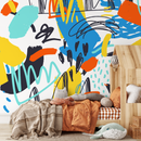 Abstract Wallpaper with Colorful Scribble Art in Blue, Yellow, and Orange - B868