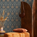Vintage Damask Wallpaper with an Ornate Motif in Blue, Gold, and Beige - B880