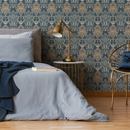 Vintage Damask Wallpaper with an Ornate Motif in Blue, Gold, and Beige - B880