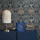 Vintage Damask Wallpaper with an Ornate Motif in Blue, Gold, and Beige - B880