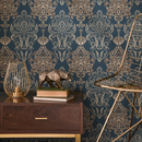 Vintage Damask Wallpaper with an Ornate Motif in Blue, Gold, and Beige - B880
