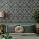 Vintage Damask Wallpaper with an Ornate Motif in Blue, Gold, and Beige - B880
