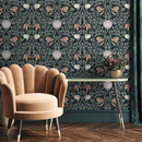 Art Nouveau Wallpaper with Vintage Intricate Floral Vines in Black, Green, and Pink - B900