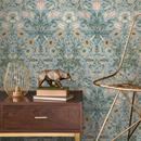 Art Nouveau Wallpaper with a Floral and Fruit Motif in Blue, Green, and Peach - B908