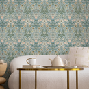 Art Nouveau Wallpaper with a Floral and Fruit Motif in Blue, Green, and Peach - B908