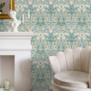 Art Nouveau Wallpaper with a Floral and Fruit Motif in Blue, Green, and Peach - B908