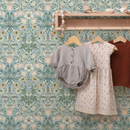 Art Nouveau Wallpaper with a Floral and Fruit Motif in Blue, Green, and Peach - B908