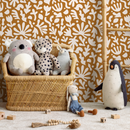 Modern Abstract Wallpaper with Matisse Inspired Botanical Shapes in Ochre and White - B917