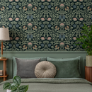 Vintage Art Nouveau Wallpaper with an Intricate Floral Damask in Green, Pink, and Blue - B919