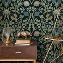 Vintage Art Nouveau Wallpaper with an Intricate Floral Damask in Green, Pink, and Blue - B919