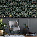 Vintage Art Nouveau Wallpaper with an Intricate Floral Damask in Green, Pink, and Blue - B919