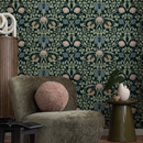 Vintage Art Nouveau Wallpaper with an Intricate Floral Damask in Green, Pink, and Blue - B919