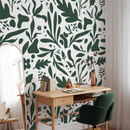 Abstract Wallpaper with a Modern Botanical Motif in Dark Green - B924