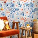 Abstract Floral Wallpaper with Sketchy Botanical Motifs in Blue and Orange - B943