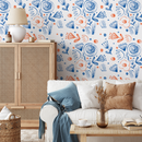 Abstract Floral Wallpaper with Sketchy Botanical Motifs in Blue and Orange - B943