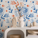 Abstract Floral Wallpaper with Sketchy Botanical Motifs in Blue and Orange - B943