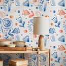 Abstract Floral Wallpaper with Sketchy Botanical Motifs in Blue and Orange - B943