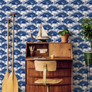 Nautical Wallpaper with a Block Print Fish Motif in Blue - B944