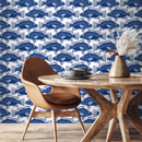 Nautical Wallpaper with a Block Print Fish Motif in Blue - B944